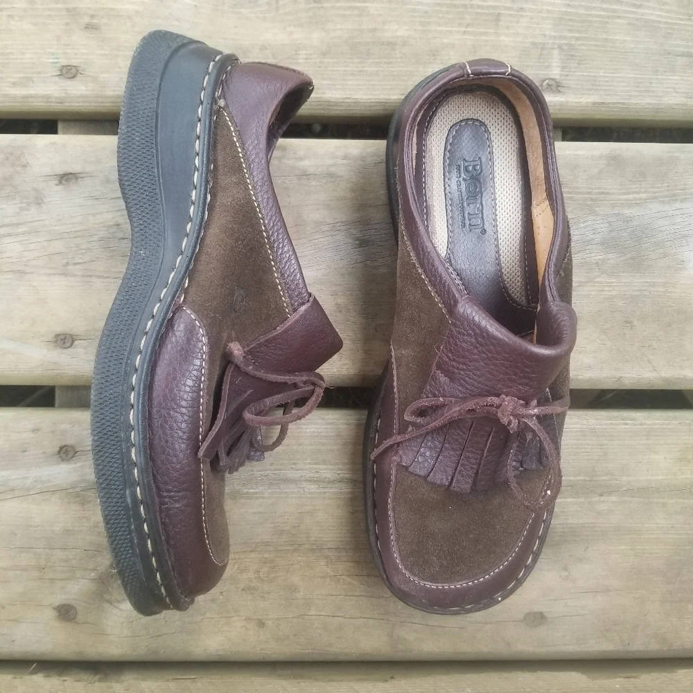 Vintage 90s y2k Born Brown Leather Suede Kiltie Fringe Open Back Mule Loafers 9